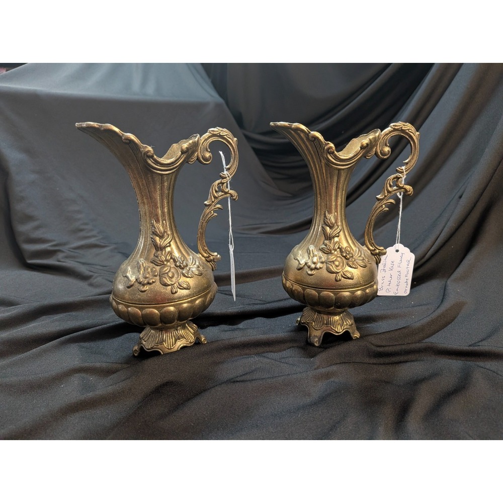 Italian Brass Ewers Pitchers Ornate Floral Victorian Matching Set of 2 Vintage